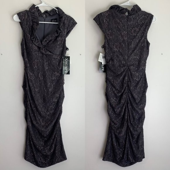 NWT Xscape Gray Ruffle Avant Garde Lace Dress - Picture 1 of 6